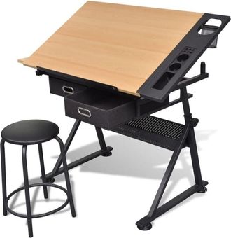 vidaXL Vidaxl - Tavolo Inclinabile da Disegno a Due cassetti con Sgabello