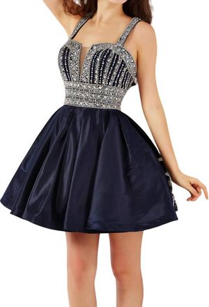 Angela & Alison Rhinestone Short Prom Dress In Navy