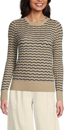 Lands End Cotton Viscose Button Shoulder Modern Crew Sweater in Champagne/navy Stitch Stripe at Nordstrom, Size X-Large