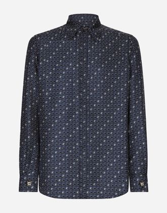 Dolce & Gabbana Silk Martini-fit Shirt With Tie Print - Man Shirts Blue 37
