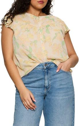 Sanctuary Free Spirited Floral Flutter Sleeve Button-Up Shirt in Gentle Lily Yellow at Nordstrom, Size 2 X