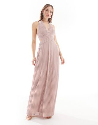 Tfnc Vestito lungo da damigella rosa tenue in chiffon accollato a pieghe