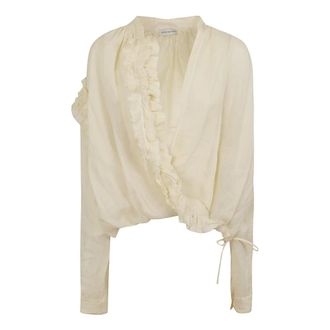 Dries Van Noten Blouses, female, Beige, Size: M Ruffled Gathered Ramie Blouse