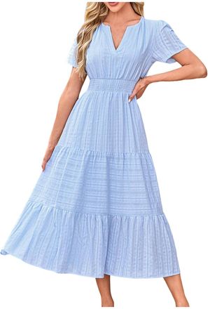 Generic Dresses for Women UK Elastic Waistband Elegant Summer Casual Short Sleeve Solid Color Maxi Dress for Women UK with Pocket Long Dresses A Line Flowy Dr