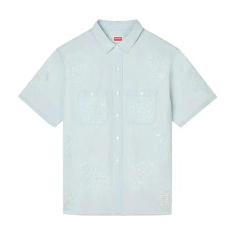 Kenzo Overhemden, Heren, Blauw, L, Katoen, Cartoon Geborduurd T-shirt met Korte Mouwen