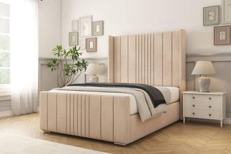 Comfort Beds Grace Naples Bed Frame With Mattress-50 Upholstered Wingback in Light Sand | Size: Single