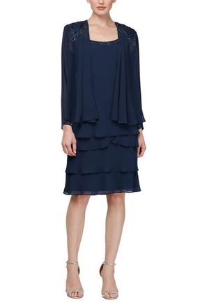 S.L. Fashions SLNY Tiered Chiffon Cocktail Dress with Jacket in Navy at Nordstrom, Size 10
