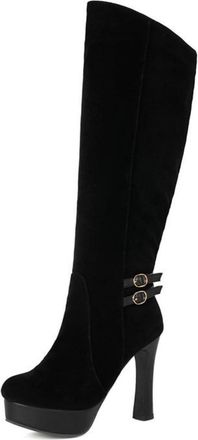 Generic Womens High Heeled Long Boots with Side Zipper Faux Suede Knee High Boots with Buckle Round Toe Platform Boot,Black,6.5 UK