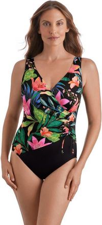 Longitude Shirred Faux Tie Surplice Extra Long Torso One-Piece Swimsuit in Midnight Pulmeria at Nordstrom, Size 14