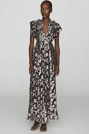 Anthropologie Maeve Metallic Flutter-Sleeve Maxi Dress