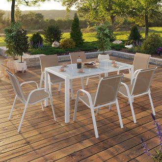 IDMarket Conjunto De Muebles De Jard&iacute;n Madrid Mesa 150 Cm Y 6 Sillas Apilables Blanco Y Beige