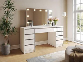 Vente-Unique Double Dressing Table With LED Mirror - 9 Drawers - Gloss White