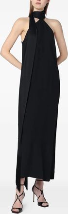Taller Marmo Abito lungo con frange e scollo allamericana - Nero