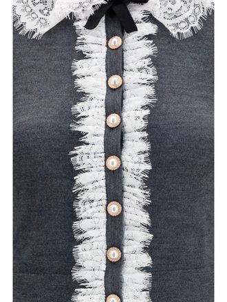 Self Portrait Womens Knit Cardigan Lace Collar Grey Merino Wool Sweater