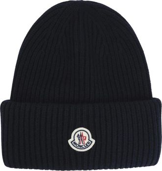 Moncler Accessoires, Heren, Blauw, ONE Size, Wol, Ribbed Logo-Patch Muts