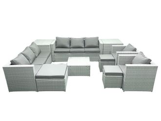 Fimous Outdoor Rattan Sofa Garden Furniture Set with 2 Armchairs Square Coffee Table 3 Footstools 2 Side Tables Light Grey Mixed