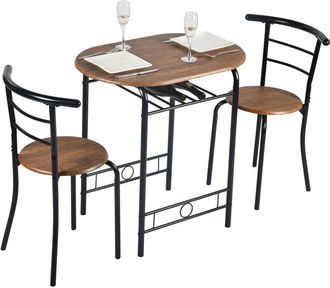 Furniture R FurnitureR 3-Piece Dining Set, Oval Table & 2 Chairs Set, Kitchen Breakfast Nook Wood Grain Tabletop with Metal Frame and Built-in Wine Rack for