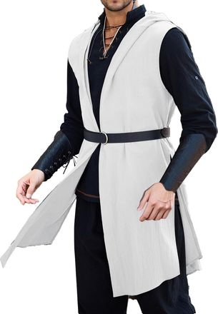 Generic Mens Costume Hooded Surcoat Medieval Sleeveless Tunic Tops Tabard Holloween Cloak (White, M)