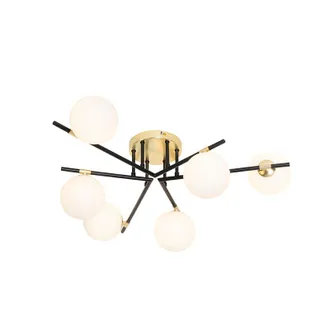 QAZQA Qazqa Art D&eacute;co Plaf&oacute;n Art Deco Negro Con Dorado Y Cristal Opalino 6-luces - Lynn Acero /vidrio Redonda Adecuado Para Led Max. 6 X 28 Watt