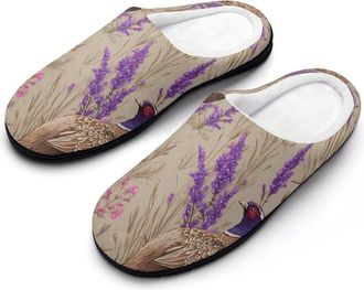 Generic Pheasants Purple Flowers Wildland Slippers Men Winter Warm Cotton Anti-Slip Indoor Slip-Ons House Shoes