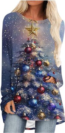 Generic Christmas Sweatshirts for Women Xmas Tree Graphic Long Sleeve Tops Loose Casual T-Shirts Ladies Christmas Jumpers Crewneck Lightweight Comfy Pullover 