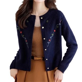 Generic Womens Embroidered Cardigan Knit Sweater Short Coat Loose Fit Autumn Winter Wear Black L