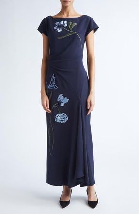 Lela Rose Floral Cord Embroidery Stretch Crepe Cascade Gown in Navy/Blue at Nordstrom, Size 14