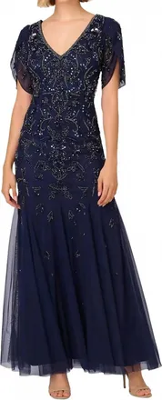 Adrianna Papell Beaded Petal-Sleeve Mermaid Gown In Light Navy
