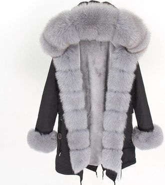 Wanan Luxury Black Parka with Grey Fox Fur
