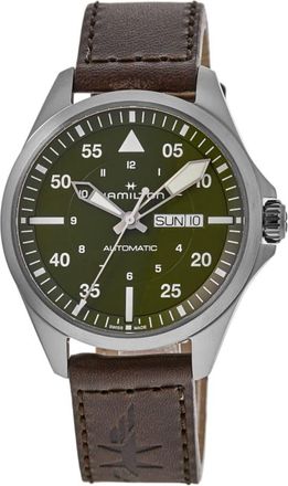 Hamilton Khaki Aviation Pilot Day Date Auto Green Dial Brown Leather Strap Mens Watch