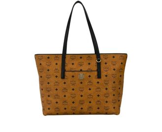 MCM Womens Cognac Brown Monogram Visetos Medium Shopper Tote Bag
