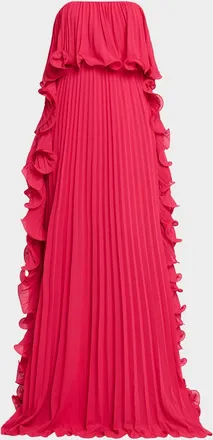 Badgley Mischka Strapless Ruffle-Trim Pleated Chiffon Gown