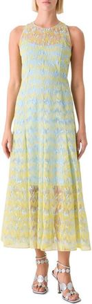Akris Scribble Embroidered Sheer Tulle Fit & Flare Midi Dress in Lemon Zing-Sky Blue at Nordstrom, Size 12