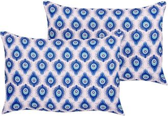 Beliani Conjunto De 2 Cojines De Jard&iacute;n Almohada De Exterior 40 X 60 Cm Poli&eacute;ster Motivo Pavo Real Azul Y Rosa Ceriana