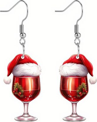 Generic Year 2025 Christmas Beer Cup Acrylic Earrings Design High Sense Fringe (Red, One Size)