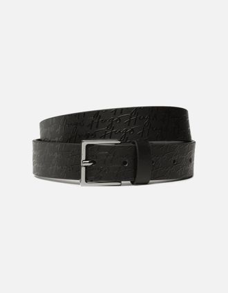 HUGO BOSS Mens Handwritten Allover Logo Buckle Leather Black Belt - Size: 90