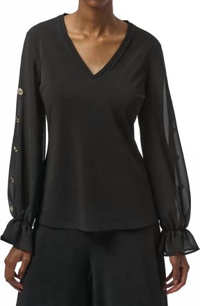 Joseph Ribkoff Chiffon Long Puff Sleeves Fitted Top In Black