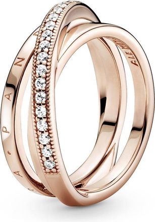 Pandora 14k Rose Gold Plated Crossover Pave Triple Band Ring, Size 50