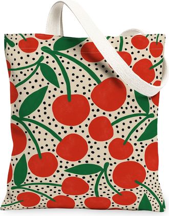 Generic Cherries Pattern Canvas Tote Bags, Retro Fruit Design Reusable Grocery Bags, Summer Lightweight Washable Shoulder Strap Can, Red, 13x15 Inch