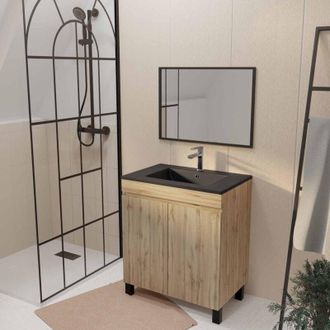Aurlane Aurlane - Mueble De Ba&ntilde;o 70 Decorado Roble 2 Puertas Lavabo Negro Y Espejo 70x50cm