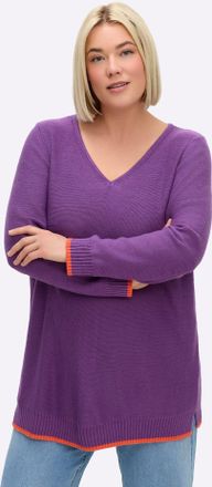 Sheego V-Ausschnitt-Pullover SHEEGO Pullover, Damen, Gr. 40/42, lila (lila, orange), 50% Baumwolle, 50% Polyacryl, unifarben, Pullover V-Ausschnitt-Pullover