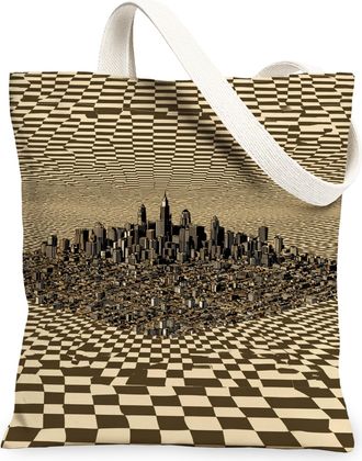 Generic Modern Cityscape Canvas Tote Bag, Artistic Checkerboard Pattern Reusable Grocery Bags, Lightweight Washable Shoulder Strap, Beige, 13x15 Inch