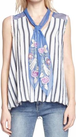 Aratta Sleeveless Sequin Embroidered Mesh Neck Tie Top In White/blue Stripe