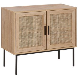Beliani Aparador De 2 Puertas Madera Clara Frente De Rat&aacute;n Natural 72 X 80 Cm Patas De Metal Mimbre Estilo Boho Pasco