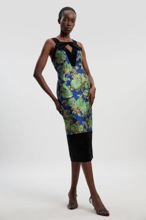 Karen Millen Womens Velvet And Jacquard Contrast Strappy Tailored Midi Dress - Blue - Size 16 UK