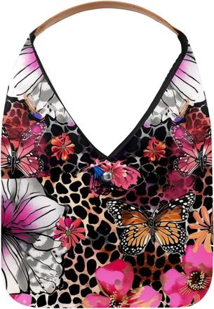 Generic Butterfly Flowers on Leopard Spots Reusable Lightweight Grocery Bags - Foldable Into Compact Pouch, Washable & Sturdy, Multipurpose for Shopping and T