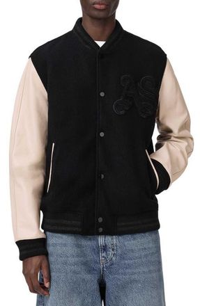 AllSaints Holloway Wool & Leather Varsity Bomber Jacket in Black/White at Nordstrom, Size Xx-Large