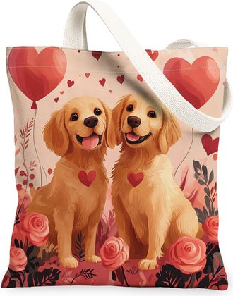 Generic Valentines Day Labrador Retriever Dog Canvas Tote Bag for Shopping 13x15, Fun Couple Puppy Reusable Grocery Print Bag for Women, Lover Beach Aesthetic