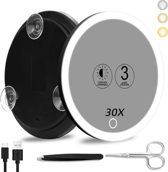 OEM Espejo De Aumento 30x Con Luz, Espejo Grande De 15 Cm Con 3 Colores E Iluminaci&oacute;n Suave, Aumento De 30x Con 3 Ventosas, Espejo De Viaje Con Aumento De