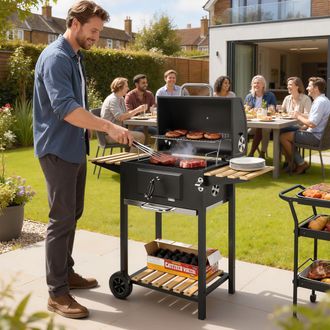 OUTSUNNY Charcoal BBQ Grill with Warming Rack 3 Shelves Temperature Gauge in Black
